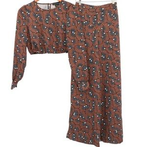 House Of Harlow Women Set Brown Satin Floral Print Blouse Wide Leg Pants Size S